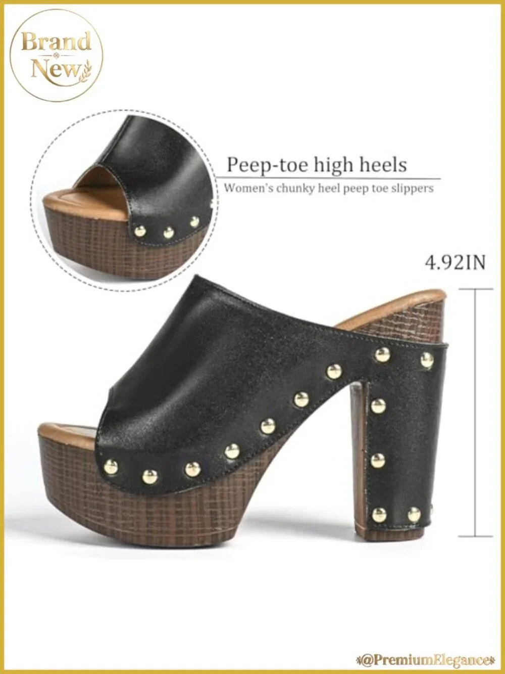 Women's Leather Platform Stacked Heel Sandals Peep-Toe Rivet Slip On Chunky
